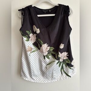 Ted Baker Black and White Mixed Media Top with Asymmetrical Print